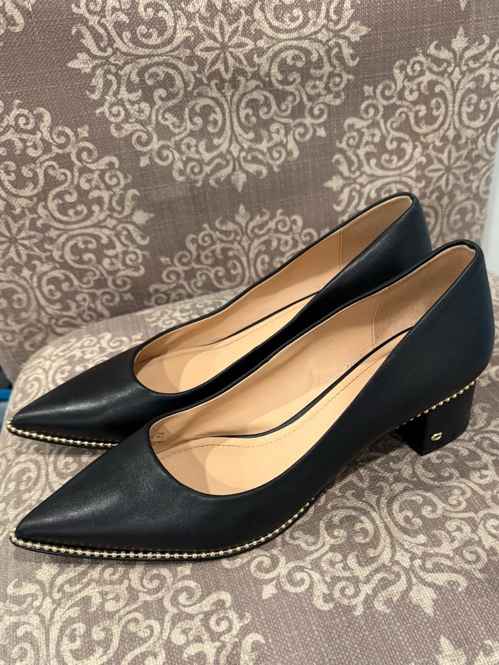 Coach Black Leather Pointed Toe Block Heel Pumps Gold Stud Trim Size 9